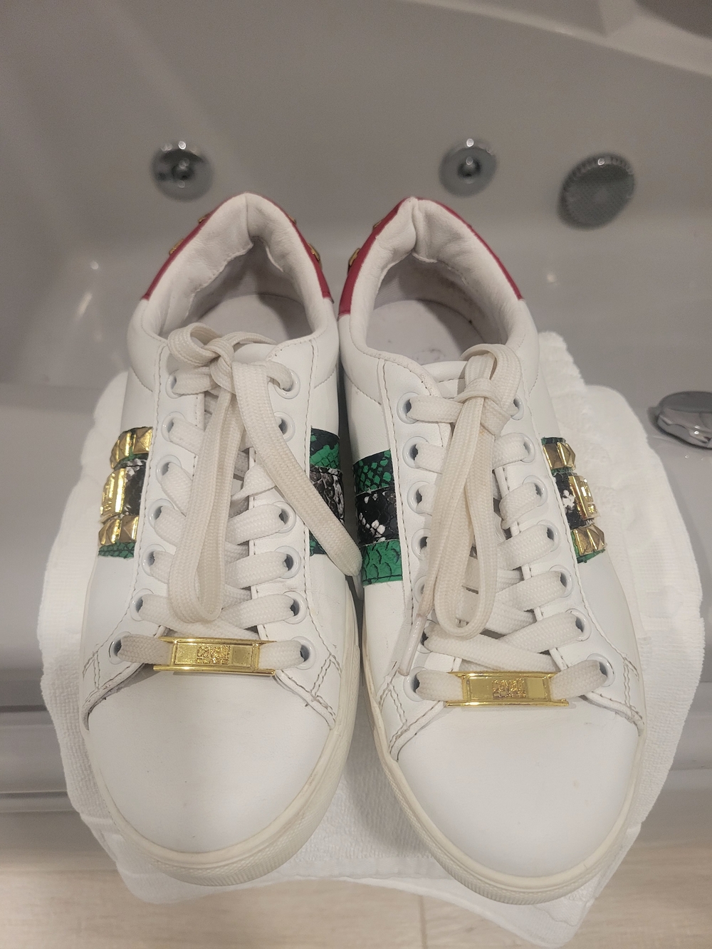 Cavalli Class White Sneakers with Green Snakeskin Stripes and Gold Hardware